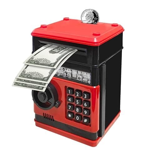 Suliper Electronic Piggy Bank Code Lock for Kids Baby Toy, Mini ATM Safe Coin Cash Banks Real Money Saving Box with Password, Auto Money Scroll for Children,Boys Girls Birthday Gift (Red) - Image 1