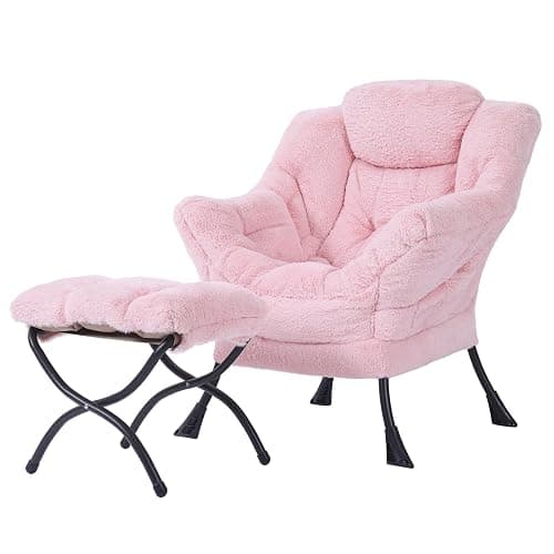 Tiita Lazy Chair with Ottoman, Pink Modern Large Accent Chair, Comfy Leisure Sofa Armchair with Ottoman, Reading Chair with Footrest for Bedroom, Living Room, Dorm Rooms, Plush Pink - Image 1