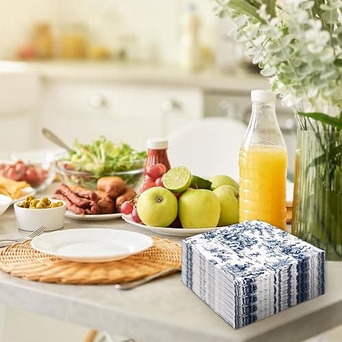 JarThenaAMCS 80 Sheet Blue White Paper Napkins French Village Printed Disposable Napkins Farmhouse Decorative Luncheon Dinner Napkins for Party Supplies Table Decor, 6.5 x 6.5 Inch thumbnail 6
