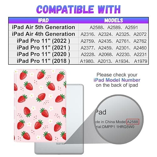 Uppuppy for iPad Air 11 inch (M2/M3) Case, Air 5th/4th Generation 10.9, Pro 11'' Case Cute Kids Women Girls Girly Strawberry Pencil Holder Cover for iPad Air 11 2024/2025, 10.9 2022 2020, Pro 11 thumbnail 2