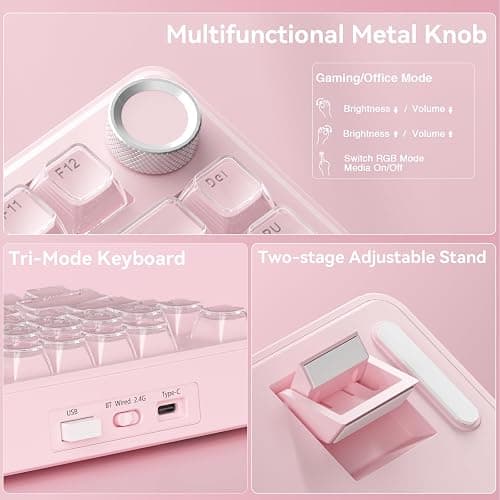 SOLAKAKA A75 Wireless Gaming Keyboard with Multifunction Knob, BT5.0/2.4GHz/USB-C, 75% Mechanical Keyboard, Hot-Swappable, Gasket Creamy Keyboard with RGB Backlit, Crystal Keycaps, for PC/Mac/PC thumbnail 7