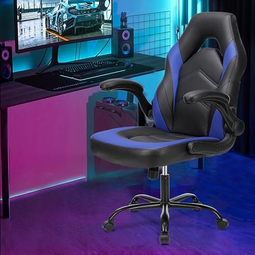 Sweetcrispy Computer Gaming Desk Chair - Ergonomic Office Executive Adjustable Swivel Task PU Leather Racing Chair with Flip-up Armrest for Adults, Kids, Men, Girls, Gamer, Black Blue thumbnail 2