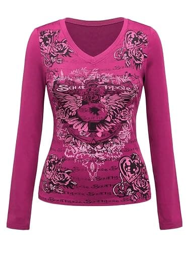 Milumia Women's Y2k Grunge Graphic Tee Shirt V Neck Long Sleeve Fitted Going Out Tops - Image 1