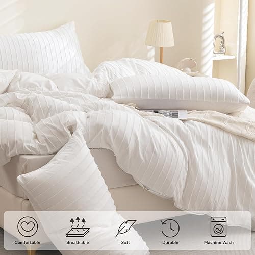 JELLYMONI Duvet Cover Full Size White - 3PCS Boho Striped Duvet Cover Set Polyester Tufted Bohemian Textured Comforter Cover 80×90in with Corner Ties & Zipper and 2 Pillowcases thumbnail 4