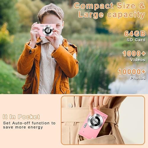 Digital Camera, Camera for Kids, UHD 4K 48MP Point and Shoot Digital Cameras with 64GB SD Card and 16X Digital Zoom Anti Shake, Compact Portable Small Gift for Boys Girls Students, Pink thumbnail 5