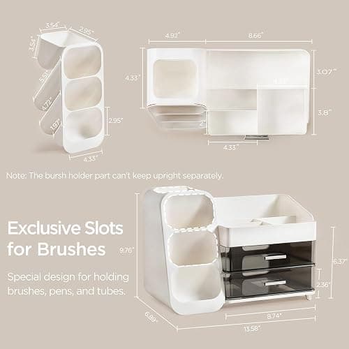 HBlife Makeup Organizer with Brush Holder for Vanity, Large Plastic Bathroom Countertop Organizer Skin Care Storage, Easy to Store Lipsticks, Nail Polishes, Perfumes, Eyeshadow Palettes, White thumbnail 3