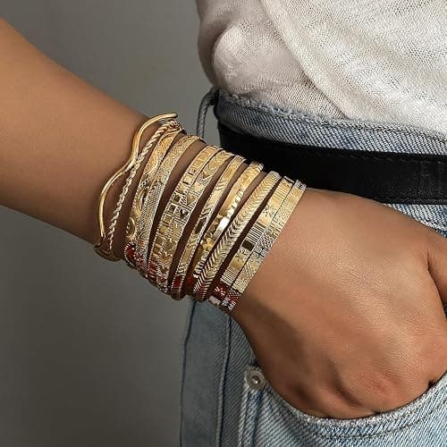 KISS WIFE 11 Pcs Gold Bangles for Women, Adjustable Bangle Bracelets, Multi Layer Open Stackable Cuff Bracelet Set, Fashion Accessories Jewelry Gifts for Women thumbnail 2