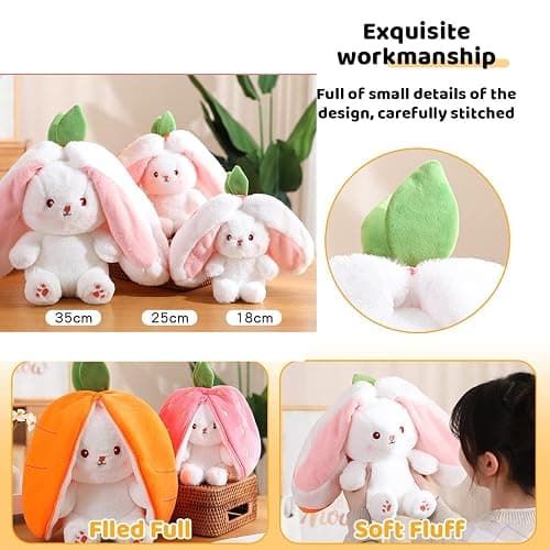 Mukorolee Bunny Plush Doll Toy Pillow, Reversible Carrot Strawberry Bunny Stuffed Animal with Zipper, Cute Rabbit Decoration for Kids & Adult Birthday Party Gift (1pcs 7" Strawberry) thumbnail 8