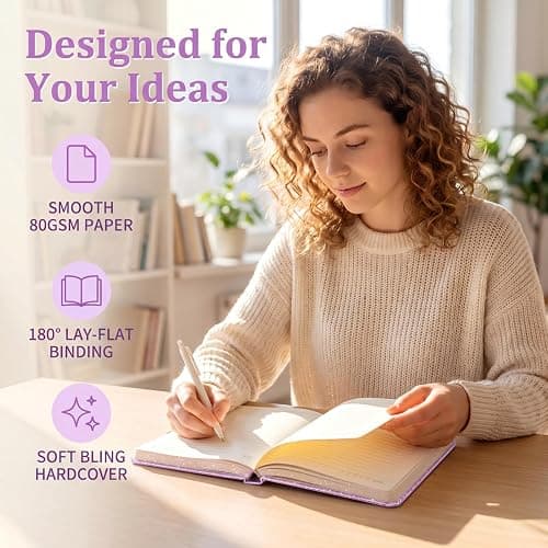 Glitter A5 Lined Notebook Hardcover, Ruled Journal No Bleed Paper Gift | Sparkling Hardcover With 192 Thick Smooth Pages. Lay-Flat Stitched Binding, Pen Loop & Elastic Band. For Daily Use. thumbnail 4