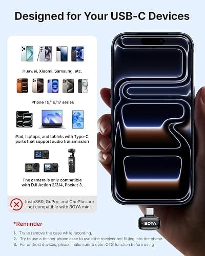 BOYA mini 2 Wireless Lavalier Microphones for iPhone 15/16/17 & Android, AI Noise Cancellation, App Control, 30H Battery Life with Charging Case, Lapel Microphone Wireless for Video Recording Vlogging thumbnail 5