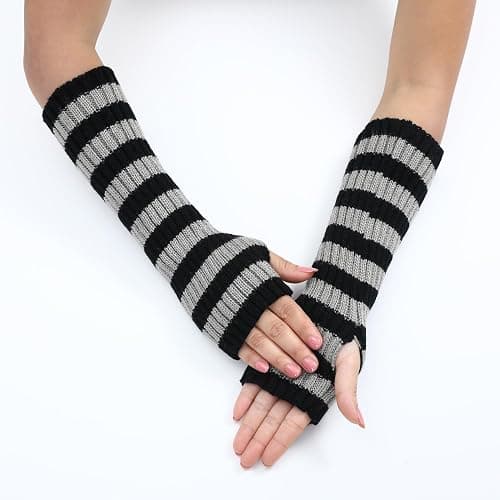 Y2k Striped Arm Warmers Long Fingerless Knitted Gloves Punk Gothic Alt Emo Scene Cool Winter Arm Sleeves Grunge Accessories thumbnail 4