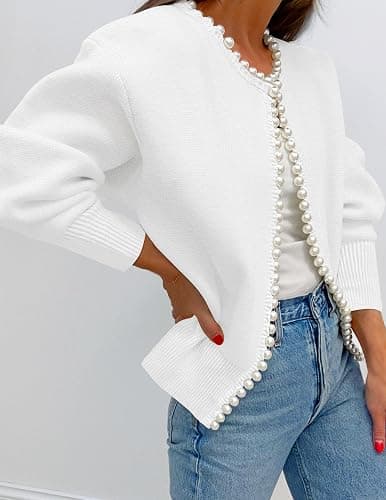 ZESICA Women's Open Front Cardigan Sweater 2026 Fall Casual Knitted Long Sleeve Pearls Trim Outerwear Coat Trendy Clothes thumbnail 2