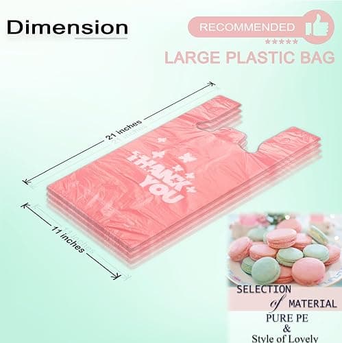 PINK Thank you bags, 100PCS T shirt bags, To Go Bags,Grocery bags, Reusable and Disposable,Perfect for Small Business,Take Out,Retails,11 inchx6 inchx21 inch(100),Large thumbnail 3