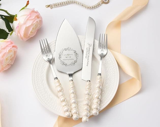 BEKESIN Wedding Cake Knife and Server Set, Ceramic Pearl Handle Cake Cutting Set for Weddings, Engagements, Anniversaries, and Engagement Gifts for Couples thumbnail 6