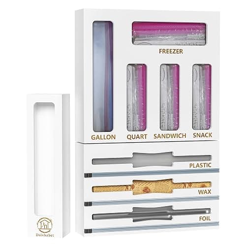 DALSHABET 9 IN1 Bamboo Storage Bag Drawer Organizer with Cutter, Foil and Plastic Wrap Dispenser for Kitchen Storage Compatible with All Brands Gallon, Quart, Sandwich & Snack Size Bags - White - Image 1