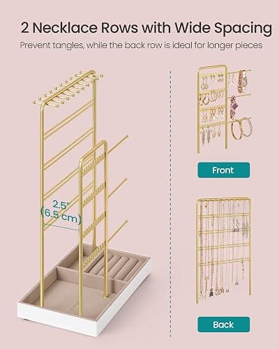 SONGMICS Jewelry Holder, Jewelry Organizer, Jewelry Display Stand with Metal Frame, Velvet Tray, Necklace Earring Bracelet Holder, for Studs, Rings, Christmas Gift, Pale Gold UJJS028A01 thumbnail 4