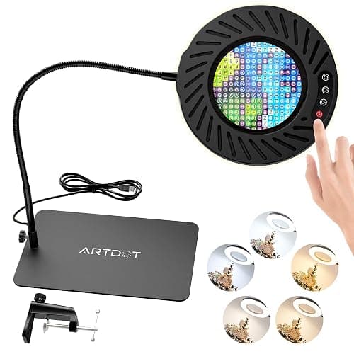 ARTDOT 10X Magnifying Glass with Light and Stand, 144 LEDs Desk Lamp with 5 Color Temperatures and 9 Levels Adjustable Brightness for Diamond Painting Accessories Crafts Reading Hobbies Close Work - Image 1