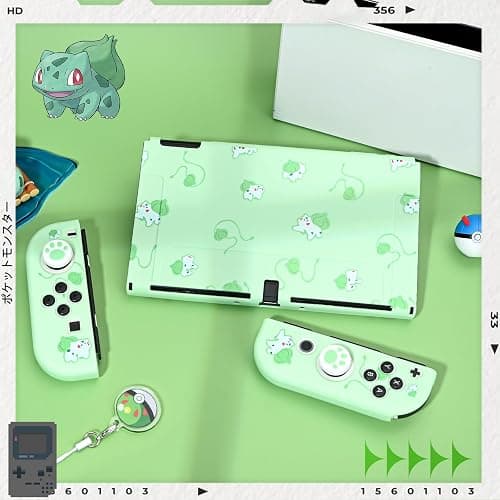 DLseego Funda Protectora Compatible con Switch OLED,Carcasa Delgada Suave al Tacto con 2 Tapas de Agarre para el Pulgar y Abalorio de Bolas de Elfo,Absorción de Golpes Antiarañazos,Rana Verde thumbnail 7