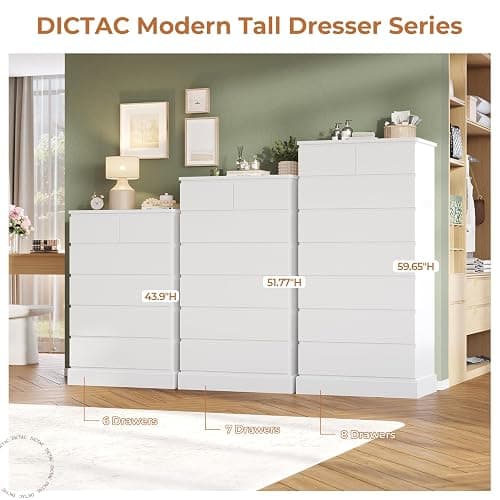 DICTAC White Tall Dresser for Bedroom with 8 Drawers, 59.6" Tall Dressers & Chests of Drawers, Modern Wood Closet Organizer and Storage Cabinet, Large Vertical Dresser for Bedroom, Closet, Hallway thumbnail 7