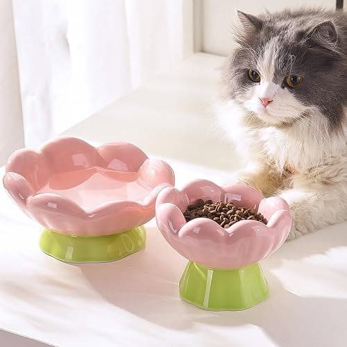 EubooTree Ceramic Raised Cat Bowl, Shallow Wide, Anti-Vomiting and Whisker Fatigue, Non-Slip, Tilted Cute Flower Cat Food and Water Bowls for Indoor Cats or Small Dogs, Pink thumbnail 6