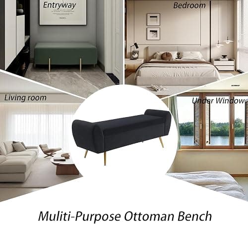 56" Storage Bench for Bedroom King Size Bed, Gold Legs, Velvet Black | Long Ottoman, Modern End of Bed Bench, with Arm, Upholstered, For Bedroom/Living Room/Window/Entryway thumbnail 7