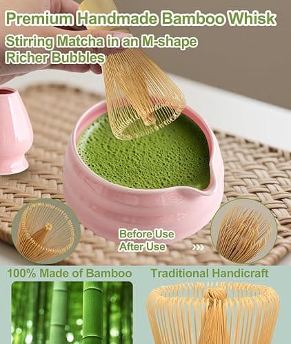 JBER Matcha Kit 7 Pièces, Matcha Set - Fouet Matcha Bambou, Bol à Matcha, Support pour Fouet, Cuillère et Tamis, Kit Matcha pour Cérémonie du Matcha - Rose thumbnail 4