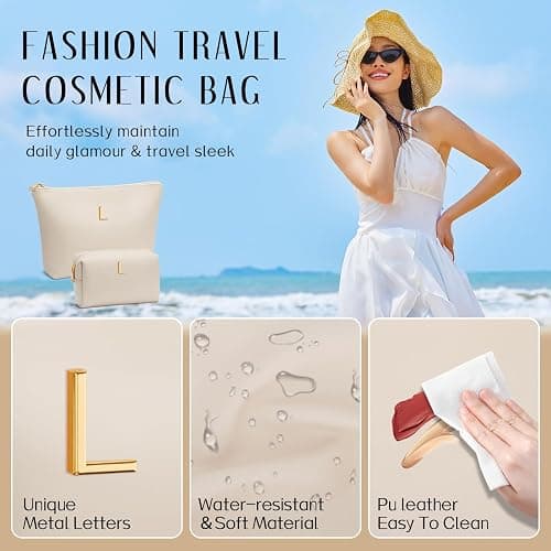 CLOUDWINGS Women Gifts | Initial Makeup Bag Set for Girl Personalized Gifts for Bridesmaid Friend Graduation Teachers PU Leather Cosmetic Travel Toiletry Bag(Beige,L) thumbnail 3