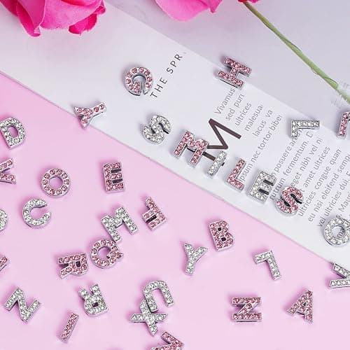 130pcs A-Z 8mm Full Rhinestones Slide Alphabet Letters for DIY Wristbands Bracelets, Jewelry Making Crafts Charms (Silver and Pink) - Silver and Pink thumbnail 2