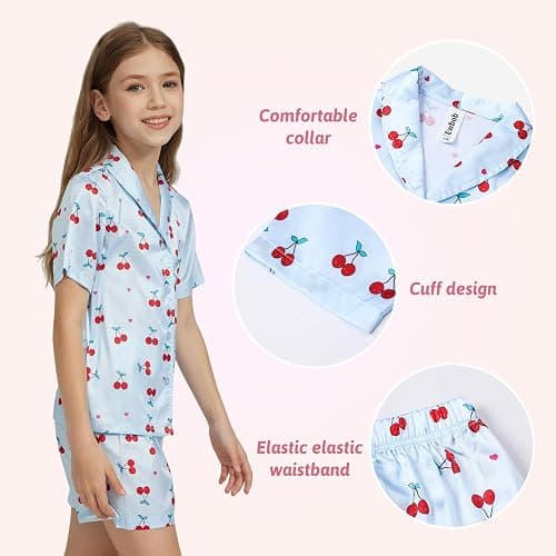 Ewbob Girls Silk Satin Pyjamas Set Short Sleeve Kids PJs Nightwear 5-14Y | Girls Silk Satin Pyjamas Set,Short Sleeve,Button-Down Kids PJs.Breathable,Soft Nightwear,Children Sleepwear,Age 5-14 thumbnail 4