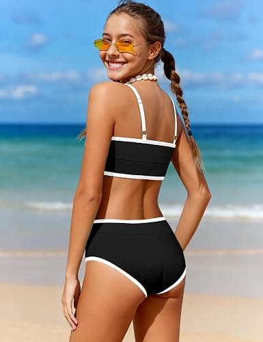 TALLWH Girls Swimsuit Two Piece Scoop Neck Solid Color Bikini Set Adjustable Strap High Waist Bathing Suit for Girls 9-16Y thumbnail 4