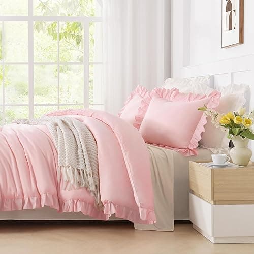 Andency Pink Comforter Set Queen Size, 3 Pieces Solid Pink Ruffle Shabby Chic Comforter Set for Queen Bed, All Season Vintage Rustic Soft Microfiber Bedding Set for Women Girls thumbnail 7