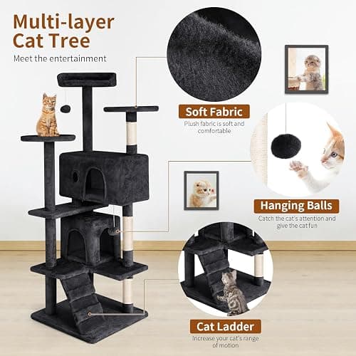 PayLessHere Cat Tree 54in Cat Tower with Cat Scratching Post,Multi-Level Cat Condo Stand House Furniture Kitty Activity Center with Furry Ball Toys Cat Tree for Indoor Cats (54in, Dark Grey) thumbnail 4