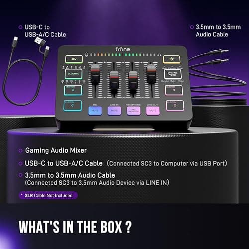FIFINE Gaming Audio Mixer, Streaming RGB PC Mixer with XLR Microphone Interface, Individual Control, Volume Fader, Mute Button, 48V Phantom Power, for Podcast/Recording/Vocal/Game Voice-AmpliGame SC3 thumbnail 9