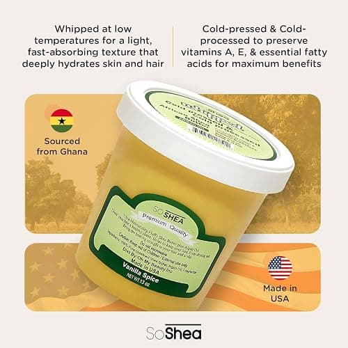 SoShea Whipped Shea Butter Vanilla Spice - Nourishes, Moisturizes & Renews | 100% African Pure Shea Butter | Cold-Pressed & Cold-Processed | No Dyes & Parabens | Vegan | 11.50oz / 326g thumbnail 2