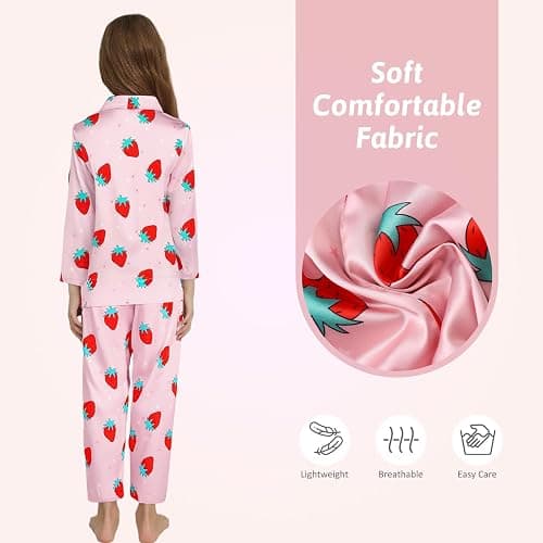 Ewbob Girls Silk Satin Pyjamas Set Short Sleeve Button-Down Kids PJs Breathable Soft Nightwear Children Sleepwear Age 5-14 thumbnail 5