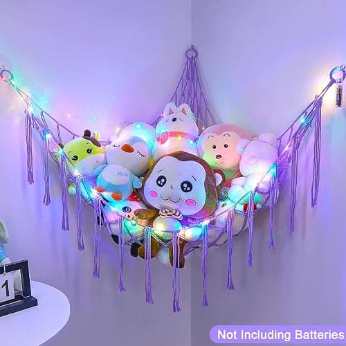 Basumee Stuffed Animals Net or Hammock with LED Light, Hanging Stuffed Animals Storage Toy Hammock Net Corner Wall Girls Room Decor Toy Storage Organizer, Purple, L thumbnail 9