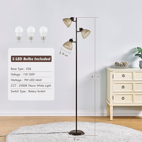 LTGSRC Modern Tree Floor Lamp for Living Room Bedroom, Tall Pole Standing Lamps with 3 Adjustable Rotating Heads for Office, Decor Corner, Reading Indoor, 3 Bright Lights LED Bulbs Included (Brown) thumbnail 2