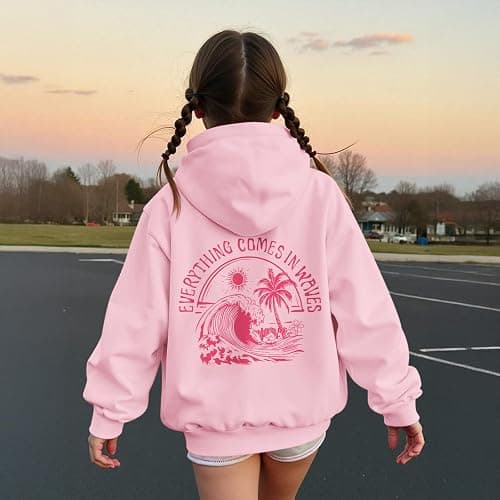 KIEKIECOO Girls Palm Graphic Hoodie Beach Cute Hoodies With Pocket Kids Preppy Sweatshirt Ocean Pullover Long Sleeve Top thumbnail 2