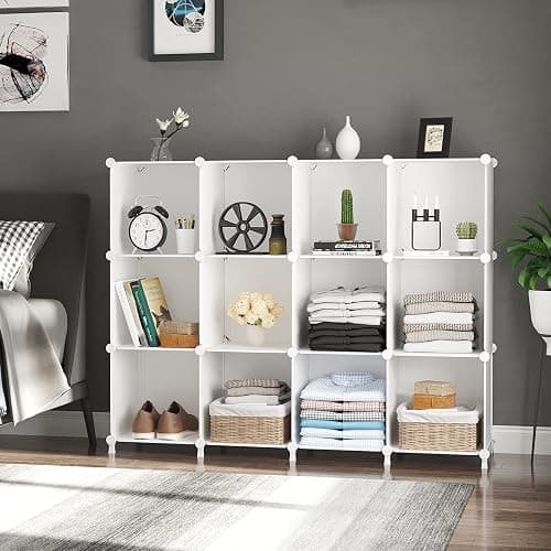 AWTATOS Cube Storage Organizer Storage 12 Cube Bookshelf DIY Plastic Closet Clothes Storage Shelves with Wooden Mallet, Stackable Storage Solution for Home, Bedroom, White thumbnail 4