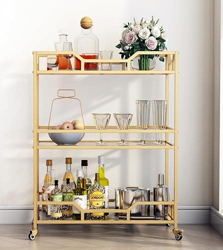 LORMITER Square Gold Bar Carts with 3 Tier Storage Glass Shelves Holder Home Serving Bar Carts on Wheels for Kitchen, Bar, Dinning Room - Square Carts thumbnail 4