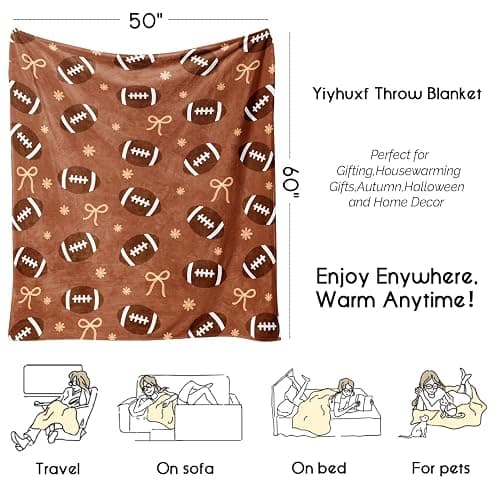 Fall Thanksgiving Farmhouse Blankets, Cute Footballs, Bows & Snowflakes Gifts, 60"x50" Flannel Fleece Blankets for Game Day, Autumn, Winter, Christmas, Living Room, Couch, Bed, Chair or Dorm Decor thumbnail 3