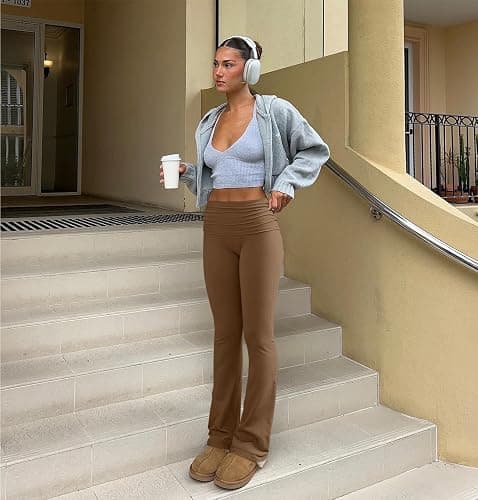 OQQ Women's 2 Piece Flared Pants Ribbed Fold Over Kick Ruched Stretch High Waist Casual Wide Leg thumbnail 5