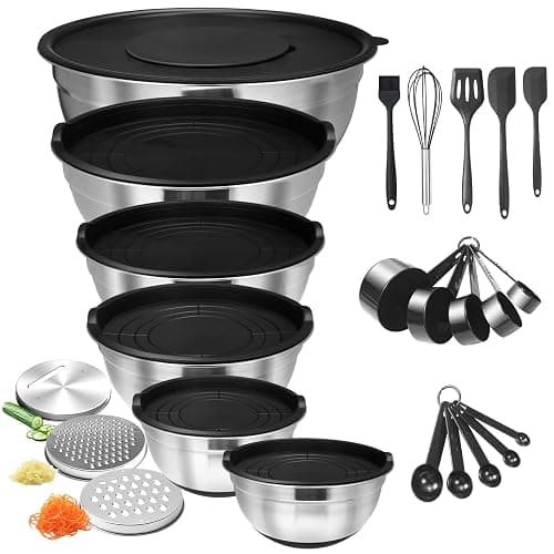VZZNN 24Pcs Stainless Steel Bowls Set with 6 Airtight Lids & 3 Graters - Premium Non-Slip Base Nesting Mixing Bowls for Food Prep, Serving & Storage - Image 1