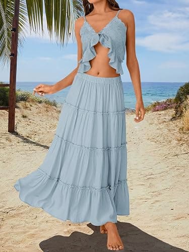 Trendy Queen Vacation Outfits Long Skirts for Women Boho Maxi Skirt Elastic High Waist Dress with Pockets Fashion thumbnail 5