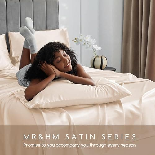 MR&HM Satin Bed Sheets, Queen Size Sheets Set, 4 Pcs Silky Bedding Set with 15 Inches Deep Pocket for Mattress (Queen, Beige) thumbnail 7