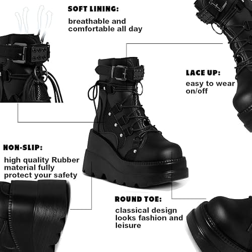 Tscoyuki Platform Ankle Boots for Women Chunky High Heel Booties Goth Round Toe Combat Boots Women Lace Up Motorcycle Wedges thumbnail 4