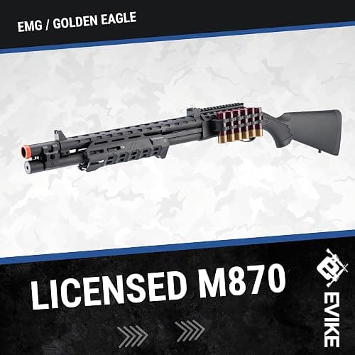 Evike Airsoft - EMG Strike Industries Licensed M870 Gas Powered Pump Action Airsoft Shotgun w/MLOK H-Guard by Golden Eagle (Color: Black) thumbnail 5