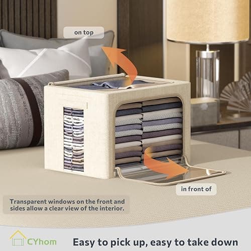 CYhom 3Pack Foldable Storage Bins - Frame Storage Box Linen Fabric Stackable Clothes Container Organizer with Clear Window & Carry Handles Large Capacity (Medium-36L, Beige) thumbnail 4