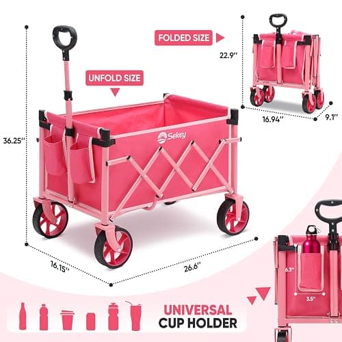 Heavy Duty Wagon with Big Wheels, Foldable Cart with 220LBS Capacity, Utility Lightweight Wagon, Collapsible Grocery Shopping Cart for Camping Sports & Holiday. Pink thumbnail 2