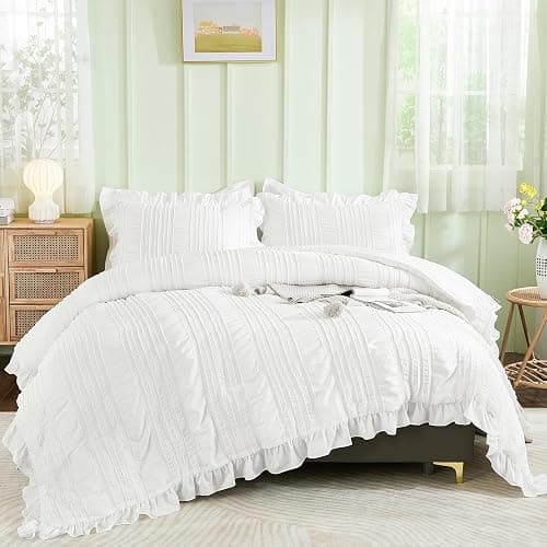 WONGS BEDDING White Queen Comforter Set,Boho Ruffle Comforter for Queen Bed,Soft Seersucker Shabby Chic Bedding Set with 1 Comforter,2 Tufted Pillowcases 90"×90" - Image 1